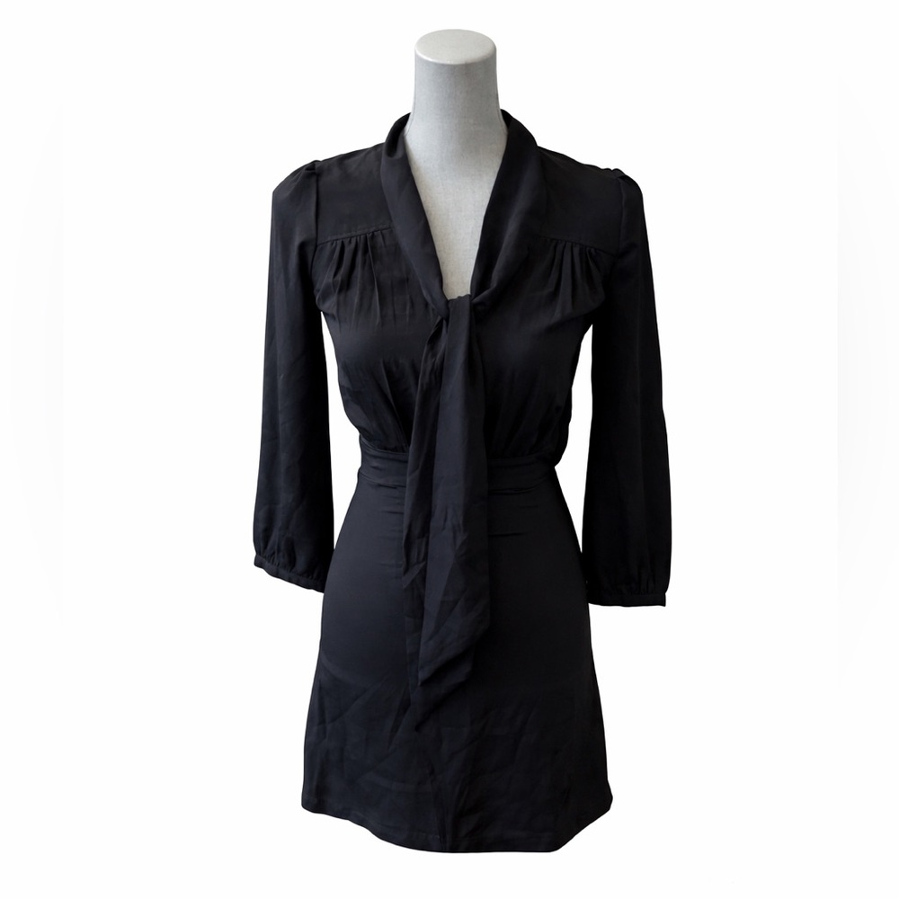 H&M Black Tie-Neck Mini Dress Long Sleeves Size 4